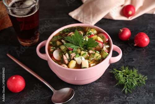 Bowl with tasty okroshka, f...