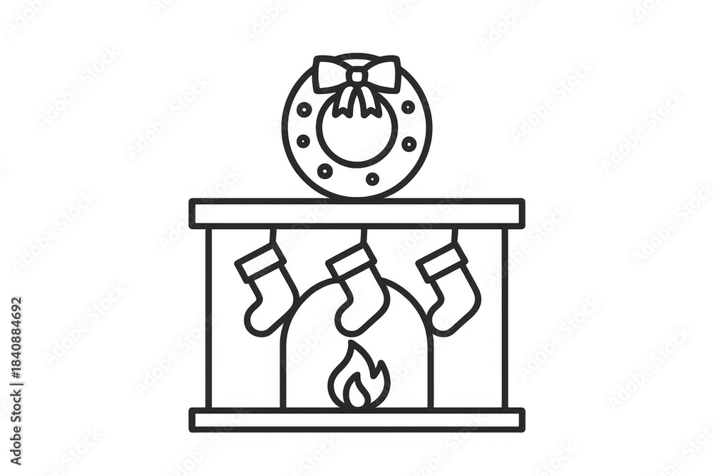Obraz premium Christmas fireplace with hanging stockings, a festive wreath, and warming fire, celebrating seasonal holiday traditions