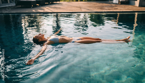 Relaxed woman floating in swimming pool 