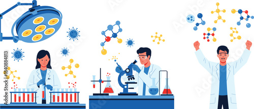 Modern laboratory researchers experimenting with chemicals, microscopes, and molecular structures in a scientific research and medical innovation illustration