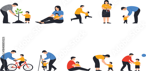 Parents engaging in various activities with children, including planting trees, teaching, playing, learning, riding bicycles, and spending quality family time together