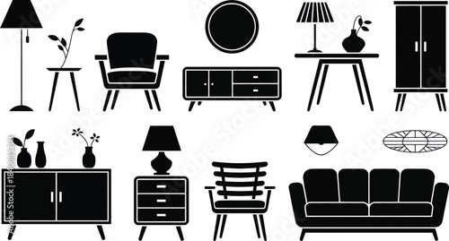 Collection of modern and mid-century furniture silhouettes for interior design branding and decoration.
