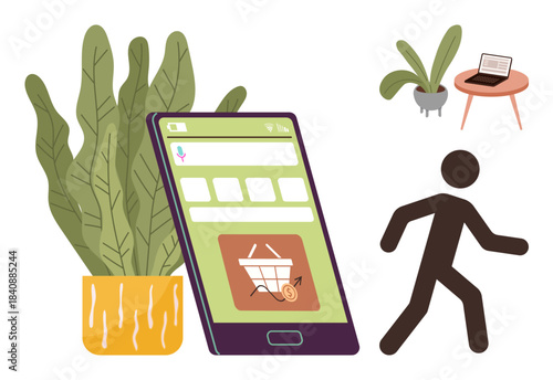 Large smartphone displaying a shopping cart screen, green plants in pots, table with a laptop, and walking figure. Ideal for e-commerce, online shopping, modern lifestyle, mobility