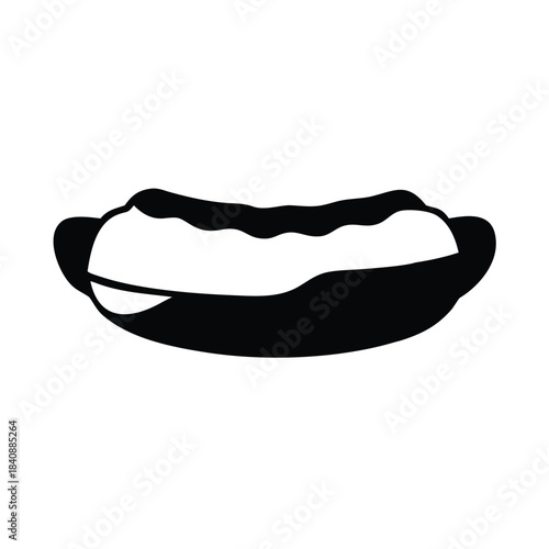 A black and white graphic illustration of a hot dog with a bun and sauce.