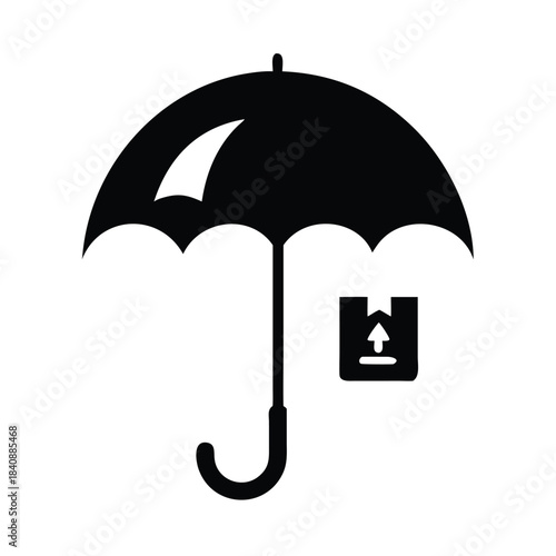 A black silhouette of an umbrella covers a small box with an upload arrow symbol.