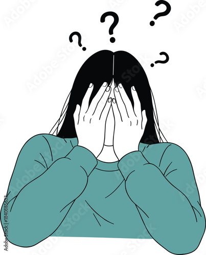 Stressed confused woman covering face with hands showing anxiety, overwhelm, mental struggle and emotional distress illustration