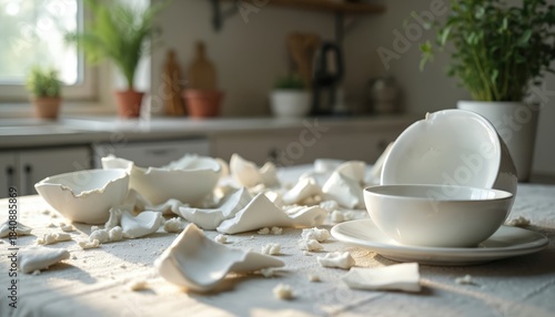 Shattered white ceramic dishes lie scattered on table. Fragments of broken porcelain, intact bowls rest on textured cloth. Soft light illuminates scene, with blurred green plants in background