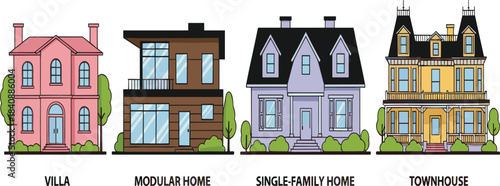 Set of four distinct house types vector illustration including villa modular single family home and townhouse for architectural comparison and real estate