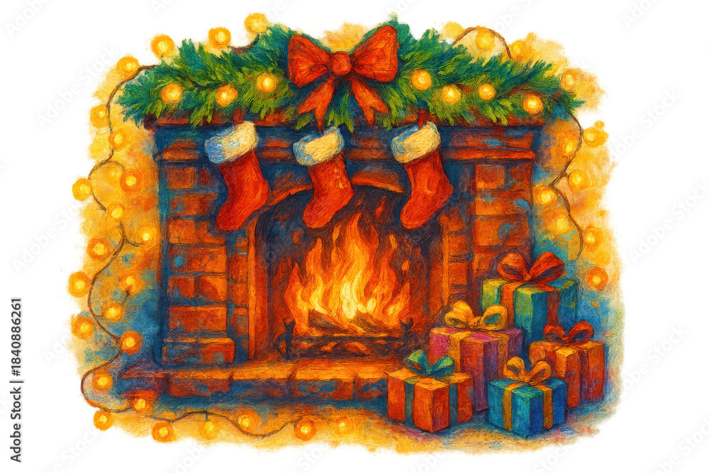 Obraz premium Christmas fireplace with burning fire, hanging stockings, festive garland, string lights, and wrapped gifts, transparent background