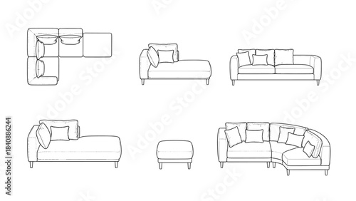 Modular Sofa Sectional CAD Blocks: Top View and Front Elevation Furniture Vector Icons