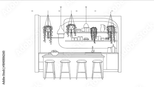 Modern Biophilic Kitchen Interior Vector: Linear Island, Cabinets, and Plant Decor Icons