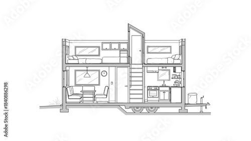 Tiny House Interior Cross-Section Vector: Compact Living and Smart Storage Architectural Outline