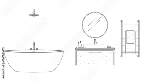 Modern Bathroom Furniture Vector Set: Bathtub, Vanity, and Spa Fixtures Outline