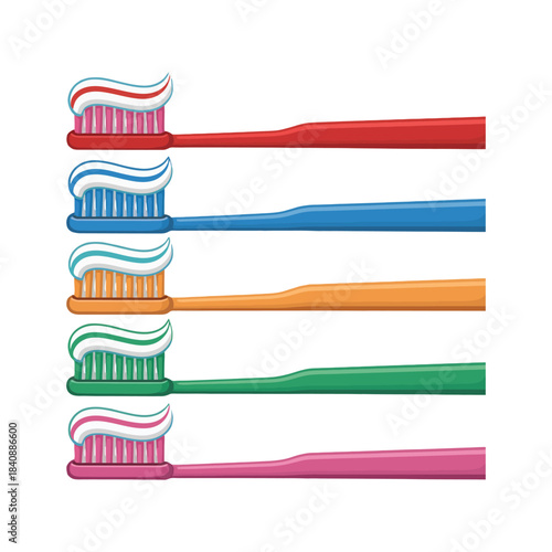 Realistic toothbrush collection with multicolor handles and toothpaste for dental health design