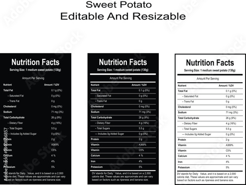 Sweet Potato Food Label with Nutrition Facts Table