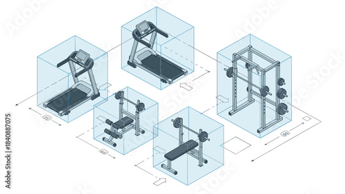 Isometric Gym Equipment Set with Safety Clearance Zones - Facility Planning Vector Assets