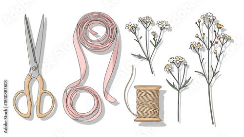Knolling photography style vector illustration of florist tools, scissors, twine, ribbon, and wildflower stems, flat lay arrangement, white background, organized grid, minimalist vector, clean lines.