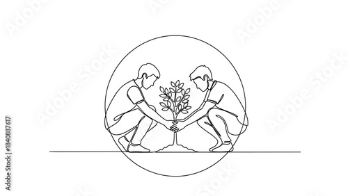 Planting Tree Together Continuous Line Art Vector for Community Concepts