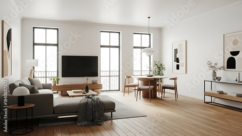 Modern Living Room with Dining Area and Large Windows.