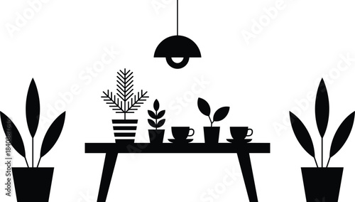 Black Silhouette Vector Scene of an Indoor Table with Potted Houseplants and Two Steaming Coffee or Tea Cups, Ideal for Home Decor and Cozy Minimalist Interior Design.