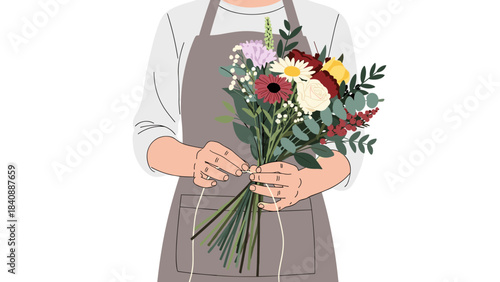 Florist Tying Flower Bouquet Minimalist Vector Illustration of Craftsmanship.