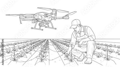 Farmer with Drone and Crop Inspection Smart Agriculture Line Art Vector