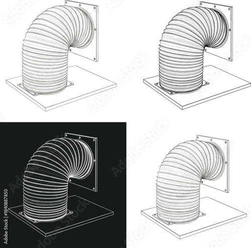 Set of four vector wireframe renders of a flexible corrugated elbow duct pipe for industrial ventilation technical drawings and engineering