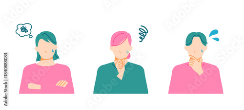 若い一般の人物が悩んだりネガティブな表情のイラスト。フラットデザイン。