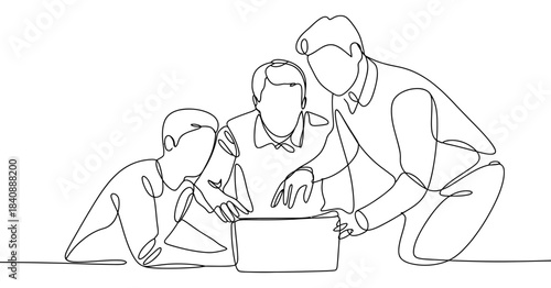 Continuous line drawing of three people gathered around a laptop computer