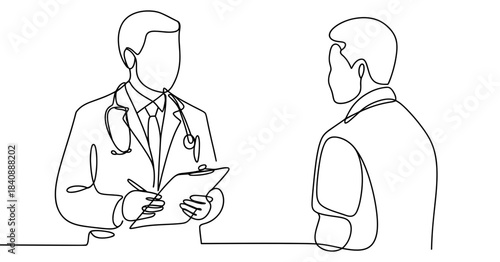 A doctor or physician in a white coat talking to a patient in a simple line drawing style with a clipboard