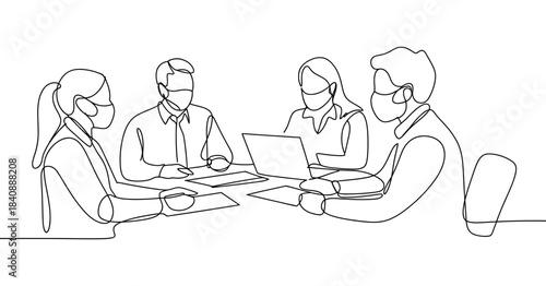 A line drawing of a group of business people working together at a table with laptops and papers in a collaborative meeting setting with colleagues