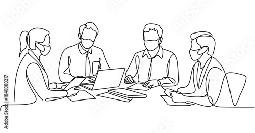 Continuous line drawing of four business colleagues collaborating on laptop and notepad at office table
