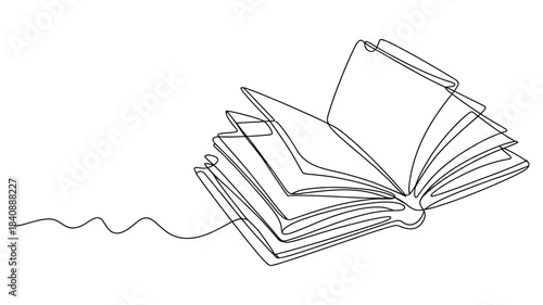 A line drawing of an open book with a bookmark tied around