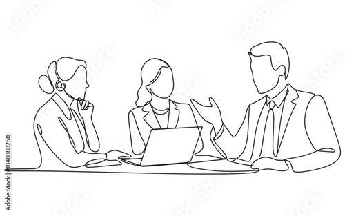 A line drawing of three business people sitting at a desk with a laptop discussing something