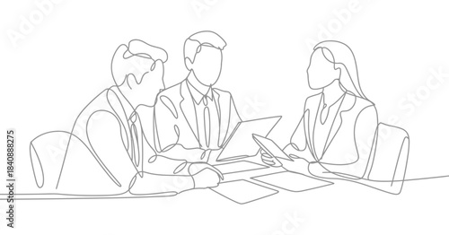 Continuous line drawing of business people discussing documents in a meeting