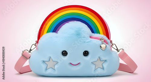 Adorable fluffy blue cloud purse featuring a vibrant rainbow arch and cute smiling face for young fashionistas