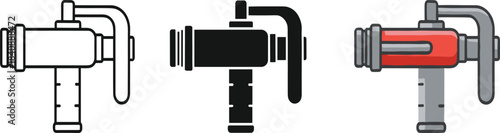 Set of three vector icons of a fire hose nozzle with a handle for fire safety emergency services plumbing and industrial equipment