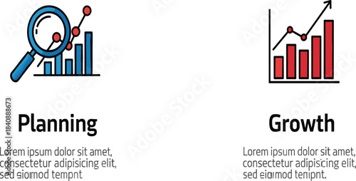 Set of two vector icons for business planning and growth showing data analysis research and upward trending bar charts