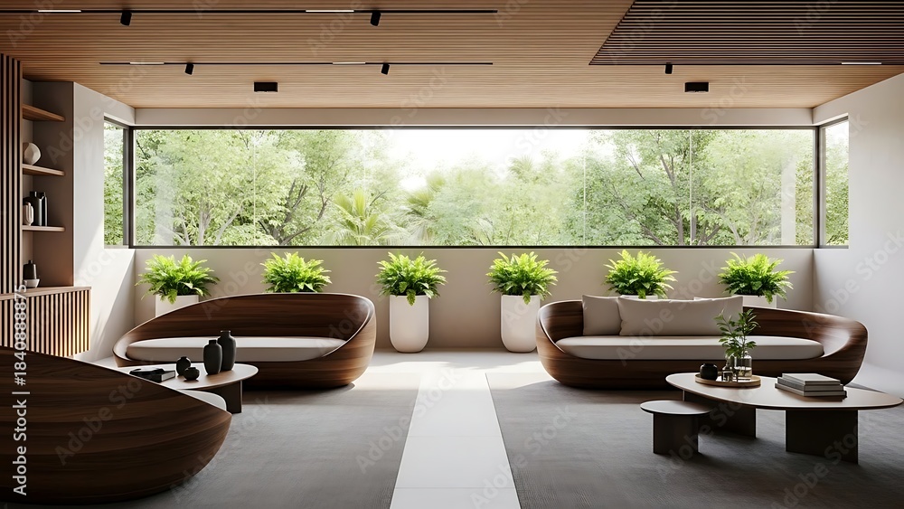 Fototapeta premium Modern Living Room with Panoramic Window Overlooking Lush Greenery.