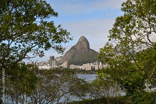 View of the Dois Irmaos hill from Rodrigo de Freitas lagoon in Rio de Janeiro