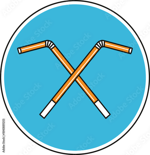 Simple flat vector icon of two orange and white flexible drinking straws crossed in a blue circle for cocktails beverages and summer drinks