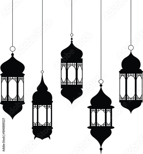 Collection of ornate islamic lanterns hanging against a white background in silhouette