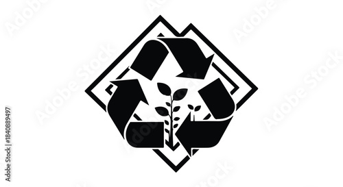 Recycling symbol incorporates a seedling graphic within a black and white border design.
