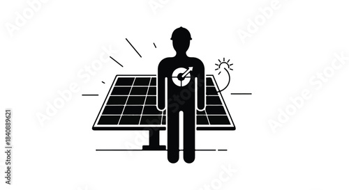 Worker silhouette stands before solar panels representing renewable energy goals and sustainability targets.