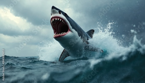 Great white leaps from stormy sea. Fierce predator emerges from choppy ocean waves with jaws wide open. Dangerous marine animal breaches water surface against cloudy sky.