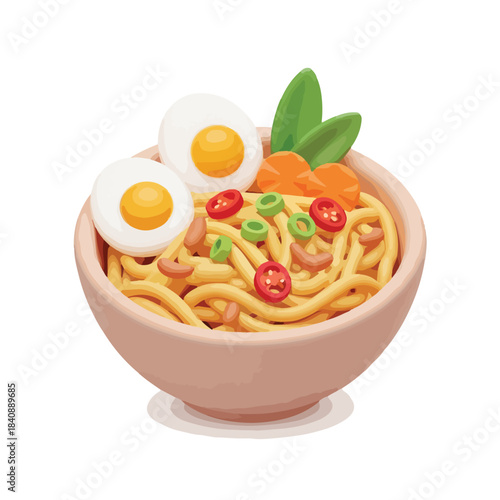 Cartoon-style illustration of a bowl of noodles with eggs, vegetables, and chili peppers on a plain white background.