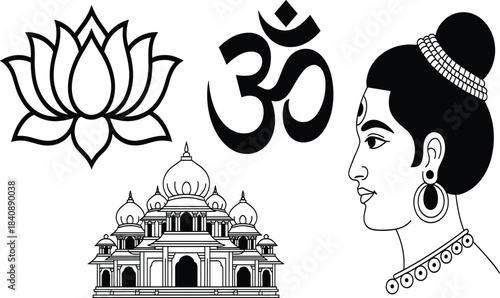 Set of Black and White Vector Icons for Hindu and Ayurveda Spirituality: Featuring the Om Symbol, Lotus Flower, Temple, and Traditional Indian Deity Head Outline.