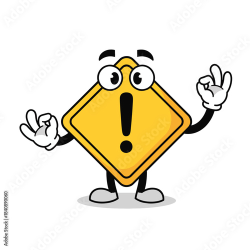 Cartoon yellow warning sign with an exclamation point, expressive eyes, and arms making the "okay" gesture with gloved hands.