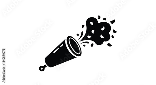 Black silhouette of a party popper exploding confetti against a white background for celebration graphics.