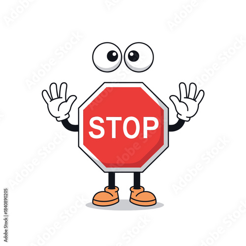 Cartoon stop sign with googly eyes, white gloved hands, and orange shoes. The sign is red with the word "STOP" in white letters.